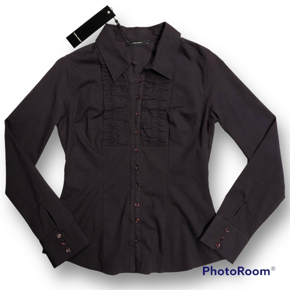 NWT ⭐️ VERO MODA Button Up Ruffle Purple Poplin Cotton Fitted Dress Shirt Top L